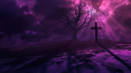Surreal Ash Wednesday Tree Shadow Cross. A conceptual image capturing Ash Wednesday with a stark tree shadow forming an ash cross on the ground, set against a surreal purple sky