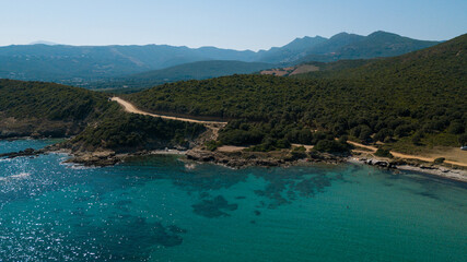 Drone photography of Tamarone beach with turquoise waters in Cap Corse