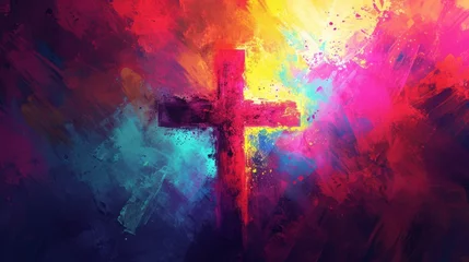 Zelfklevend Fotobehang Vibrant Ash Wednesday poster, colorful abstract background spirituality, ash cross in the center, bright and hopeful mood. Religious Cross Symbolizing the Holy Spirit. © irissca