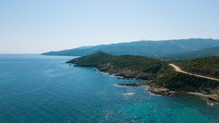 Obraz premium Drone photography of Tamarone beach with turquoise waters in Cap Corse