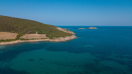 Fototapeta na wymiar Drone photography of Tamarone beach with turquoise waters in Cap Corse