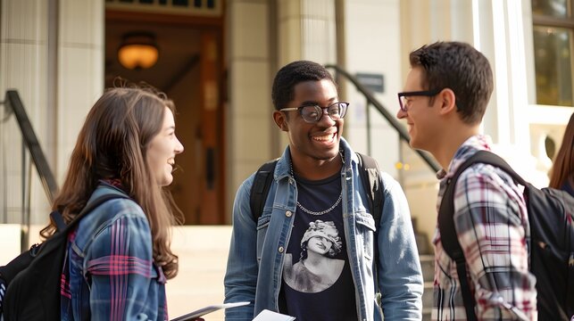 Engrossed in group study within a bustling campus cafe, three diverse college students exchange ideas and smiles, fostering a vibrant learning environment.