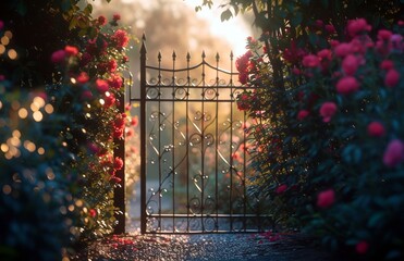 A garden gate framed by blooming flowers, film camera, telephoto lens, golden hour, inviting, color...