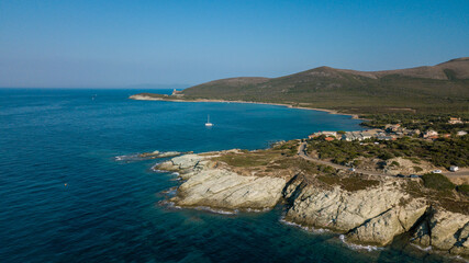 Obraz premium Drone photography of Tamarone beach with turquoise waters in Cap Corse