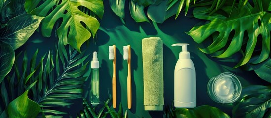 A vibrant photo showcasing five toothbrushes, mouthwash, toothpaste, and a towel surrounded by lush green foliage.