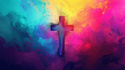 Vibrant Ash Wednesday poster, colorful abstract background spirituality, ash cross in the center, bright and hopeful mood. Religious Cross Symbolizing the Holy Spirit.