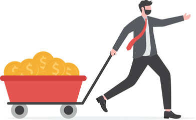 Success investor, rich man making money from business or investment, income and revenue, budget, saving or profit concept, rich and successful businessman with load of money golden coin in cart.


