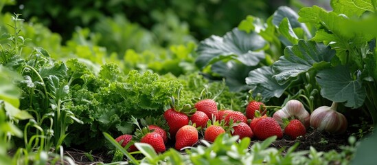 Organic vegetable garden includes strawberries, garlic, and cabbage.
