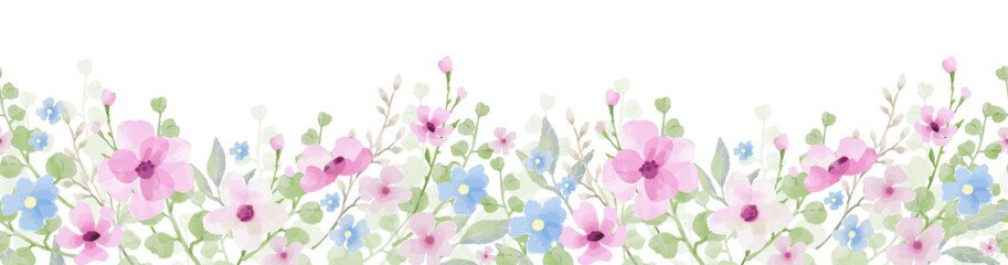 Floral border seamless pattern. Horizontal banner with cute hand drawn watercolor pink and blue flowers. Vector illustration
