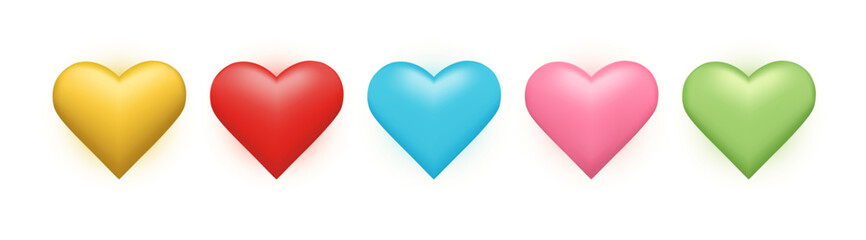 3D render realistic hearts multicolor icon  collection. Symbol love. Decoration for carnival, party, birthday, Valentine's Day. Vector illustration 
