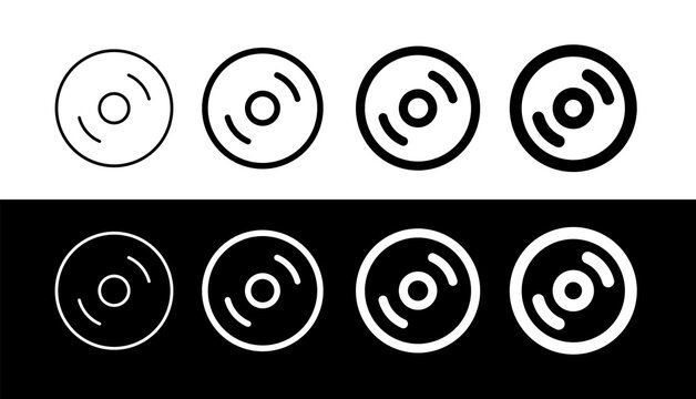 Set of CD disk or vinyl record icons. Sound playback or musician icon. Compact Disc or DVD for recording information. Symbol of music, sound or gramophone.