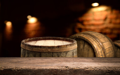 Empty wood table for product display in blur background of admirable restaurant at night. High...