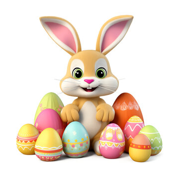Easter Bunny Surrounding With Easter Eggs Isolated on Transparent Background
