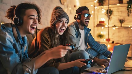 In a cozy home setting, a lively group of friends gather to play video games together, embodying the essence of leisure and entertainment.