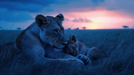 Gordijnen A lioness lovingly cuddles with her cub, savanna in the background © Shanoom