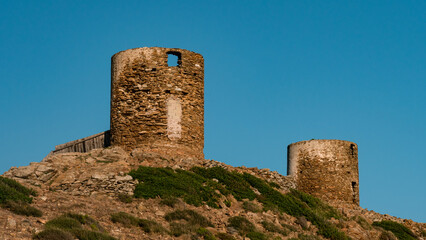 Drone photography genoise tower, cala and barcaggio beach with turquoise waters in Cap Corse 