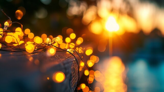 Golden fence and garden lights sparkle on glass with water drops, bokeh, blur used as background image.