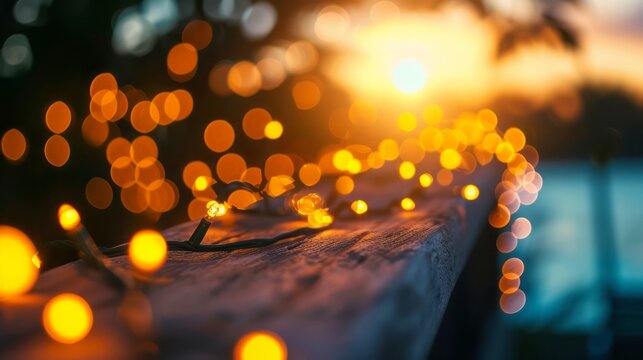 Golden fence and garden lights sparkle on glass with water drops, bokeh, blur used as background image.