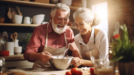 Fototapeta na wymiar Baking buddies: seniors in the kitchen, mixing ingredients and savoring the aroma