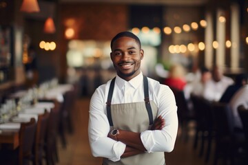 Fototapeta premium happy african american man waiter in restaurant, cafe or bar