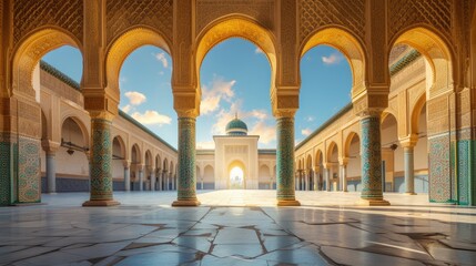 A close-up view of elegant Arabian arches. Ramadan Kareem background with mosque arch. Islamic greeting Eid Mubarak cards for Muslim Holidays festival celebration.