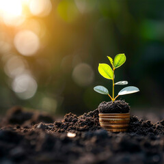 Plant Growing In Savings Coins - Investment And Interest Concept ai technology