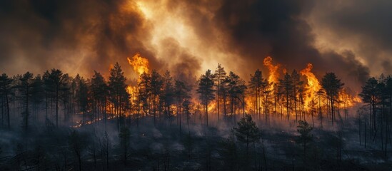 Large forest fire with dark smoke engulfing pine groves, causing trunk destruction and complete area coverage. - obrazy, fototapety, plakaty