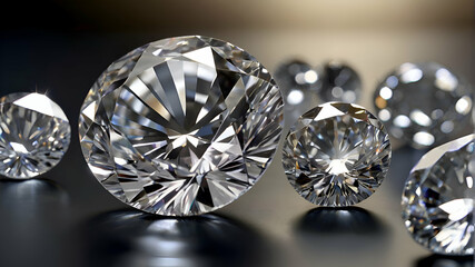 Brilliant cut diamonds sparkle intensely, scattered on a reflective surface with a soft focus on the background, highlighting the gem's exquisite facets and clarity