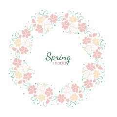 Floral frame in the shape of circle made of delicate flowers and leaves isolated on white background. Geometric layout for promo and greeting cards design. Editable vector template with copy space