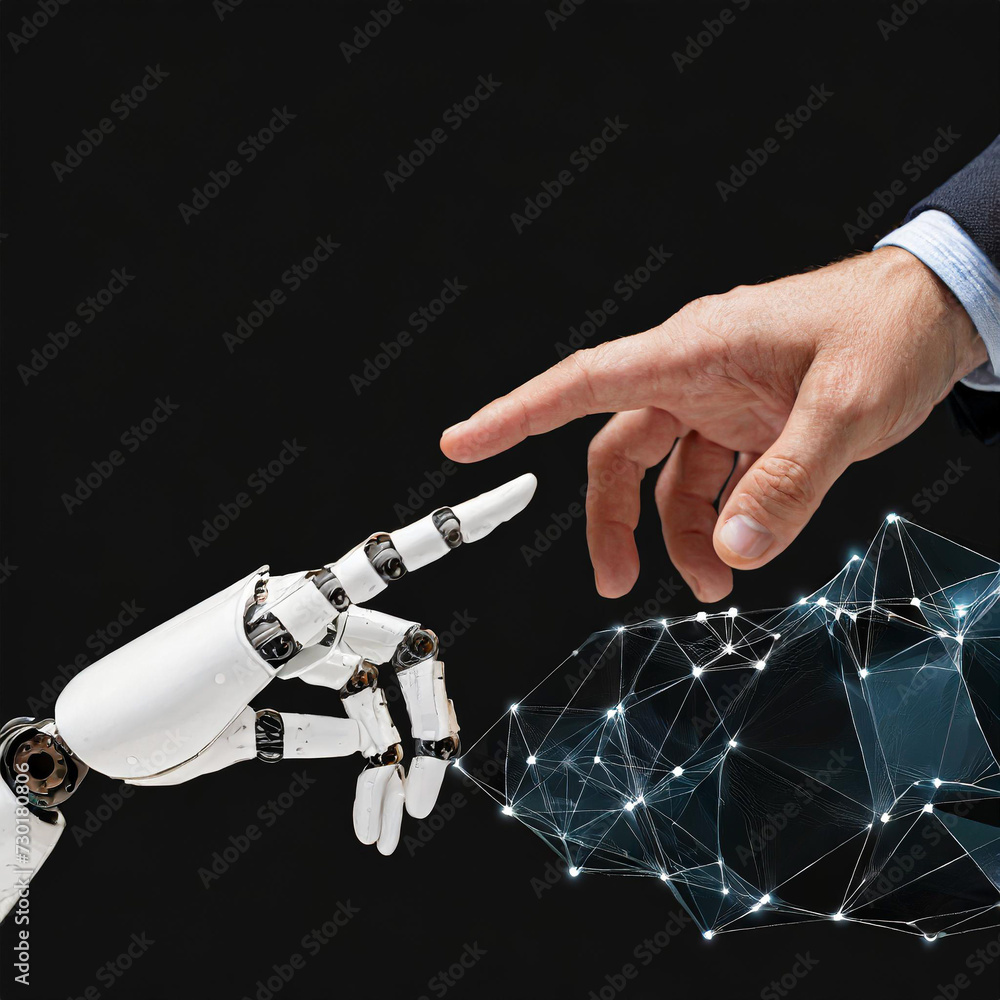 Poster ai, machine learning, hands of robot and human touching on big data network connection background, s