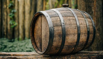 Close view of the surface of an old wooden barrel in a cellar or dark environment with soft warm light and with more barrels in the background.