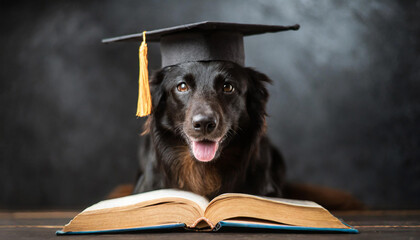 Black dog in graduate hat reading a book on dark background