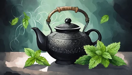 Foto op Aluminium Black iron Asian teapot with sprigs of mint for tea © netsay