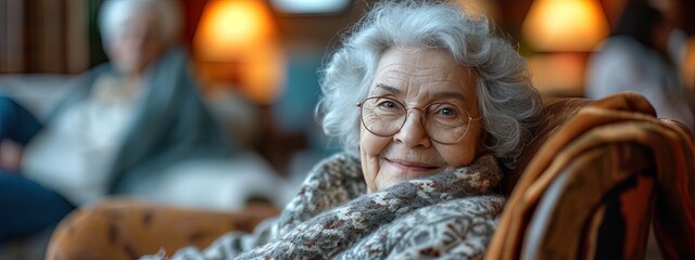 Pleasant elderly woman comfortably sits in a nursing home armchair, surrounded by other seniors. Portrait of a smiling female senior with gray hair - obrazy, fototapety, plakaty