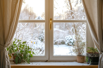 White tall window sill with winter garden on background
