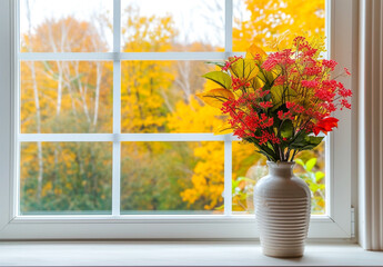 White tall window sill with autumn garden on background