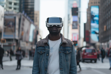 Obraz premium A young man stands on a bustling city street, engrossed in a virtual world through his VR headset.