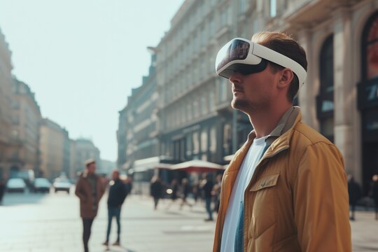A young man stands on a bustling city street, engrossed in a virtual world through his VR headset.