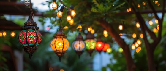 Illuminated Garland with Islamic lanterns on festive blurred backdrop. Moroccan lanterns at night. Glittering party garlands. Ramadan kareem, Eid Mubarak. Eastern holiday design - obrazy, fototapety, plakaty
