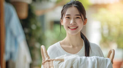 Happy smiling Asian Chinese woman carrying a laundry cloth basket; portrait of girl domestic helper, woman housekeeper, housewife, woman maid holds laundry cloth basket; Asian young adult woman model.
