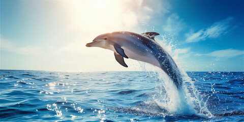 dolphin jumping out of water in the open sea