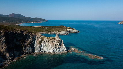 Fototapeta na wymiar Drone photography genoise tower, cala and barcaggio beach with turquoise waters in Cap Corse 