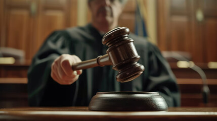 Court of Law and Justice Trial Session: Impartial Honorable Judge Pronouncing Sentence, striking Gavel. Focus on Mallet, Hammer. Cinematic Shot of Dramatic Not Guilty Verdict. Close-up Shot.