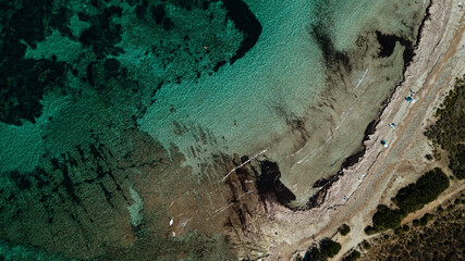 Drone photography genoise tower, cala and barcaggio beach with turquoise waters in Cap Corse 