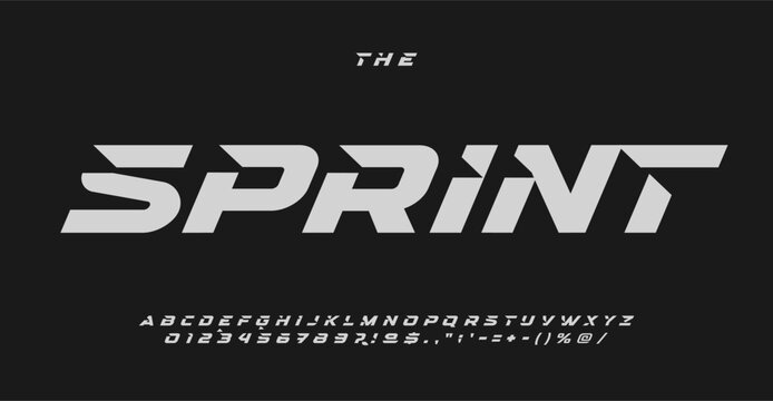 Sportive sans serif letters, bold automotive font for dynamic logo, high-speed headline, action-packed typography, race-inspired typographic design. Vector typeset.