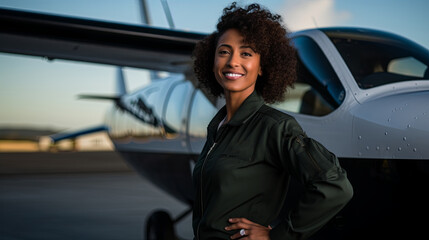 Black female small plane pilot with her small plane behind - obrazy, fototapety, plakaty