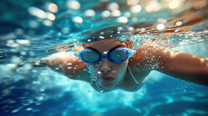 Naklejka premium Sports, underwater or woman in swimming pool for competition training, workout or energy. Fitness, female swimmer and fast athlete diving for cardio exercise, championship and race practice at gala.