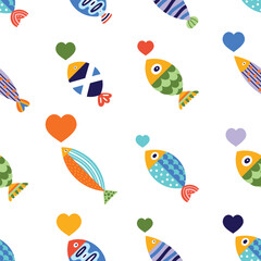 Cute fish and heart. Kids background. Seamless pattern. Can be used in textile industry, paper, background, scrapbooking.