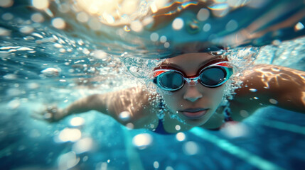 Sports, underwater or woman in swimming pool for competition training, workout or energy. Fitness, female swimmer and fast athlete diving for cardio exercise, championship and race practice at gala.