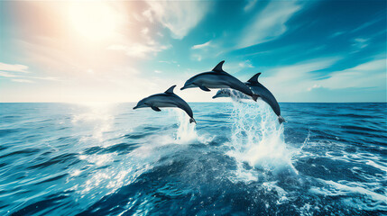 dolphin jumping out of water in the open sea © Maizal